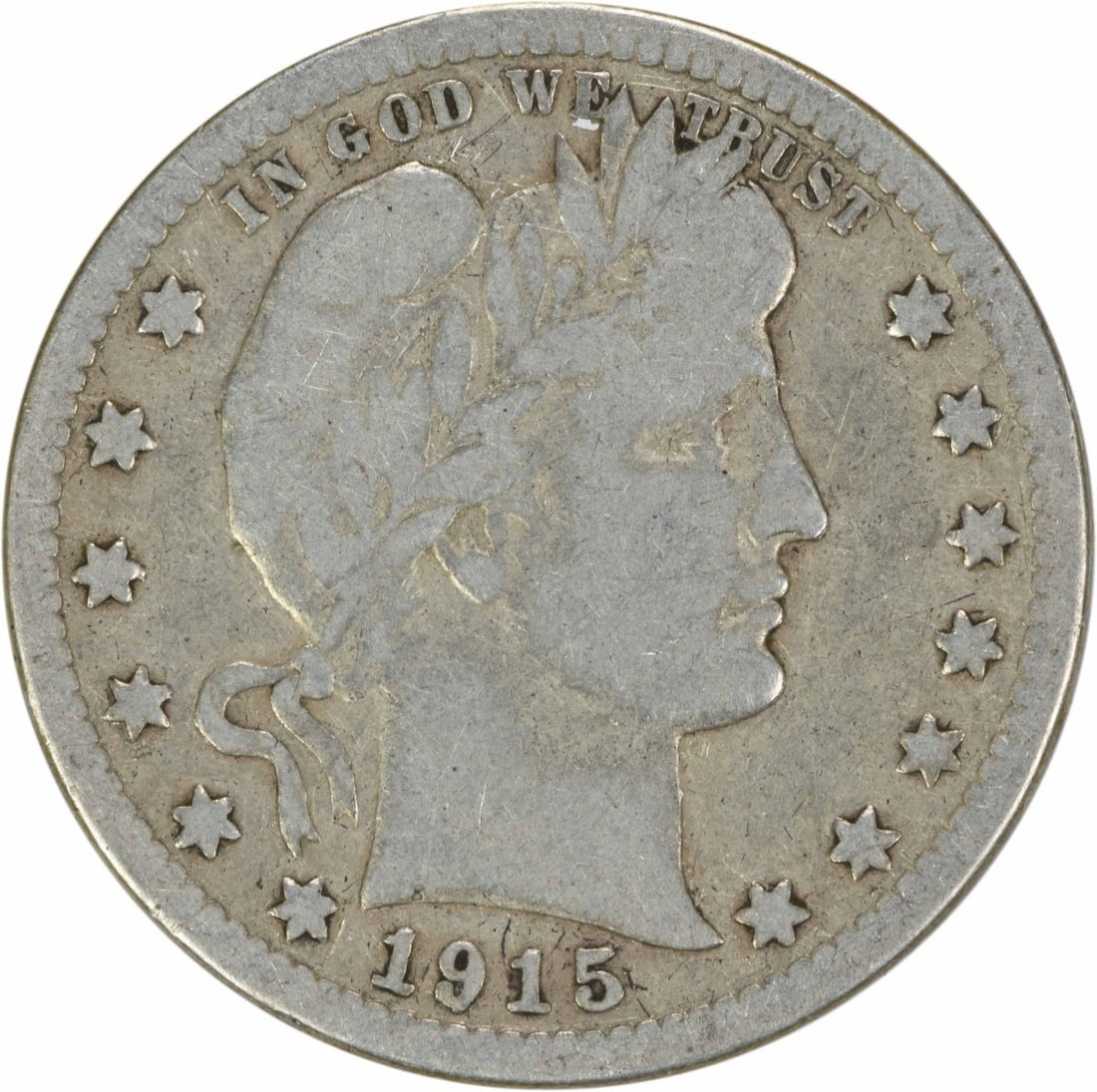 1915-S Barber Silver Quarter 25C VG Uncertified Coin: 1915-S Barber Silver Quarter 25C VG Uncertified Coin This 1915-S Barber Silver Quarter is a remarkable collectible from the United States, featuring a design by Charles E. Barber. The coin is in a Cho