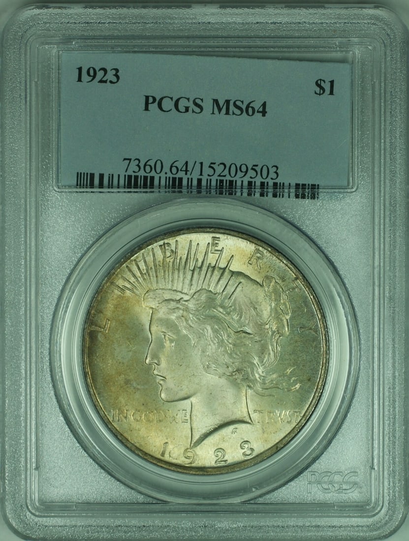 PCGS MS-64 1923 Peace Dollar Silver Coin Toned: PCGS MS-64 1923 Peace Dollar Silver Coin Toned This 1923 Peace Silver Dollar is a $1 coin from the United States, featuring a silver composition and graded MS-64 by PCGS. The coin is uncirculated and 