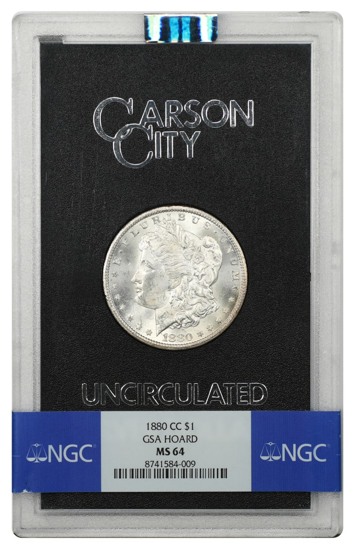 Carson City 1880 Morgan Dollar NGC MS64 GSA: Carson City 1880 Morgan Dollar NGC MS64 GSA This is an 1880 Carson City Morgan Dollar with a $1 denomination, certified and graded MS64 by NGC. The coin is housed in its original GSA hard case, reflec