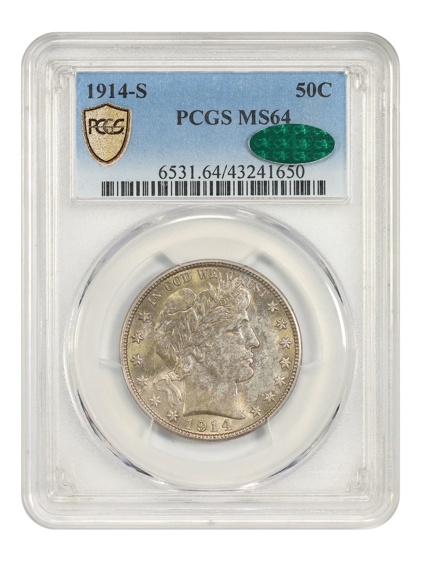 PCGS CAC MS64 1914-S Barber Half Dollar: PCGS CAC MS64 1914-S Barber Half Dollar This 1914 Barber Half Dollar features a lower mintage of 992,000 coins and was struck in San Francisco. Graded MS64 by PCGS and approved by CAC, this uncirculat