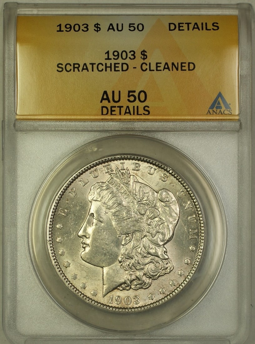 ANACS AU-50 Details 1903 Morgan silver dollar: ANACS AU-50 Details 1903 Morgan silver dollar This is a 1903 Morgan Silver Dollar with a denomination of $1, certified by ANACS and graded as AU-50 Details. The coin originates from the United States 