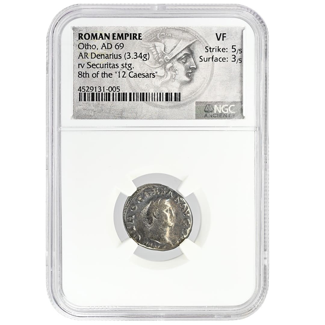 NGC VF Otho AD 69 Silver Roman Denarius: NGC VF Otho AD 69 Silver Roman Denarius This Roman Empire AR Denarius dates to the reign of Otho in AD 69 and is composed of silver. Certified by NGC, this coin is graded Very Fine with a strike ratin