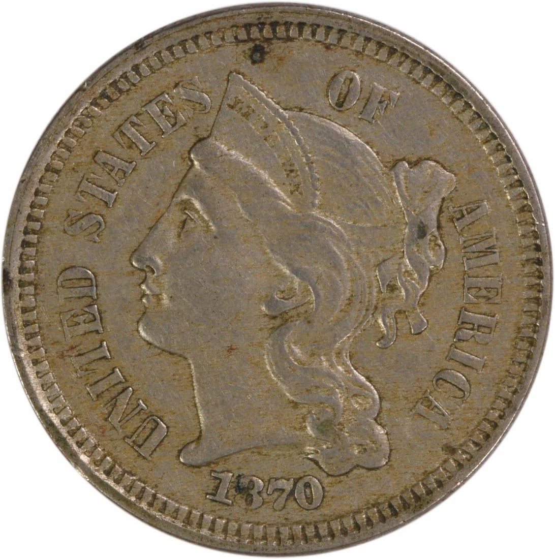 1870 United States Three Cent Nickel Coin EF Grade Uncertified: 1870 United States Three Cent Nickel Coin EF Grade Uncertified This 1870 Three Cent Nickel coin from the United States is a pre-owned, circulated example graded EF (Extremely Fine). Minted in Philadel