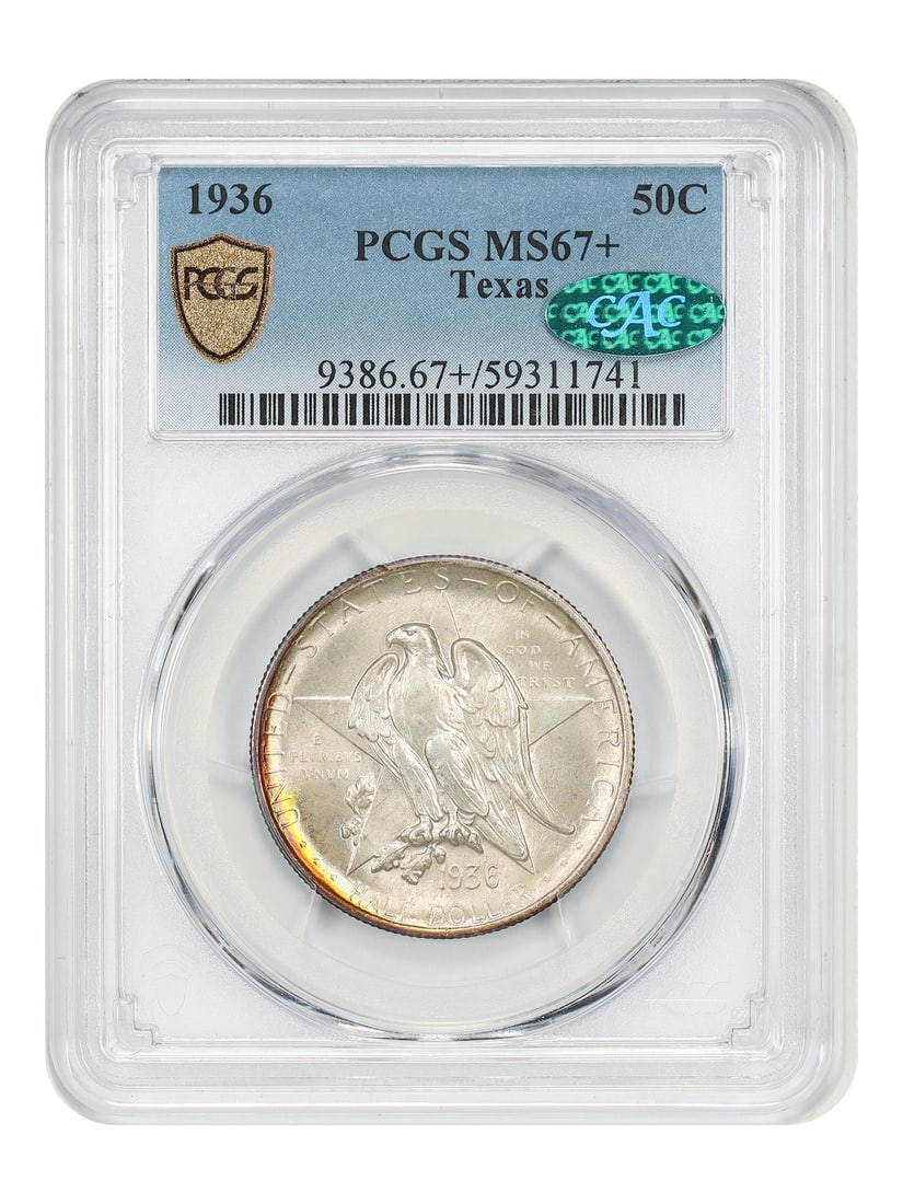 1936 Texas 50C PCGS CAC MS67+ Silver Commemorative: 1936 Texas 50C PCGS CAC MS67+ Silver Commemorative This 1936 Texas 50-cent silver commemorative coin was issued to mark the 100th anniversary of Texas independence. Struck at the Philadelphia Mint, it