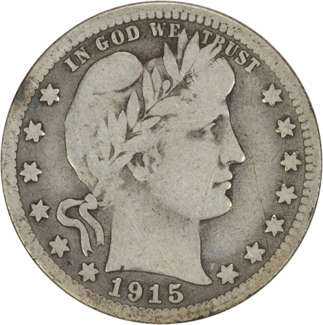 1915-S Barber Silver Quarter 25C Choice VG Uncertified: 1915-S Barber Silver Quarter 25C Choice VG Uncertified This 1915-S Barber Silver Quarter is a notable piece for collectors, featuring the distinguished design by Charles E. Barber. Struck in San Franc