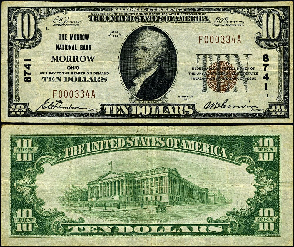 1929 T-1 Morrow Ohio $10 National Bank Note Ch #8741 VF+: 1929 T-1 Morrow Ohio $10 National Bank Note Ch #8741 VF+ This 1929 T-1 National Bank Note from Morrow, Ohio, features a denomination of $10 and is graded as VF+ (Very Fine Plus). It is a circulated no