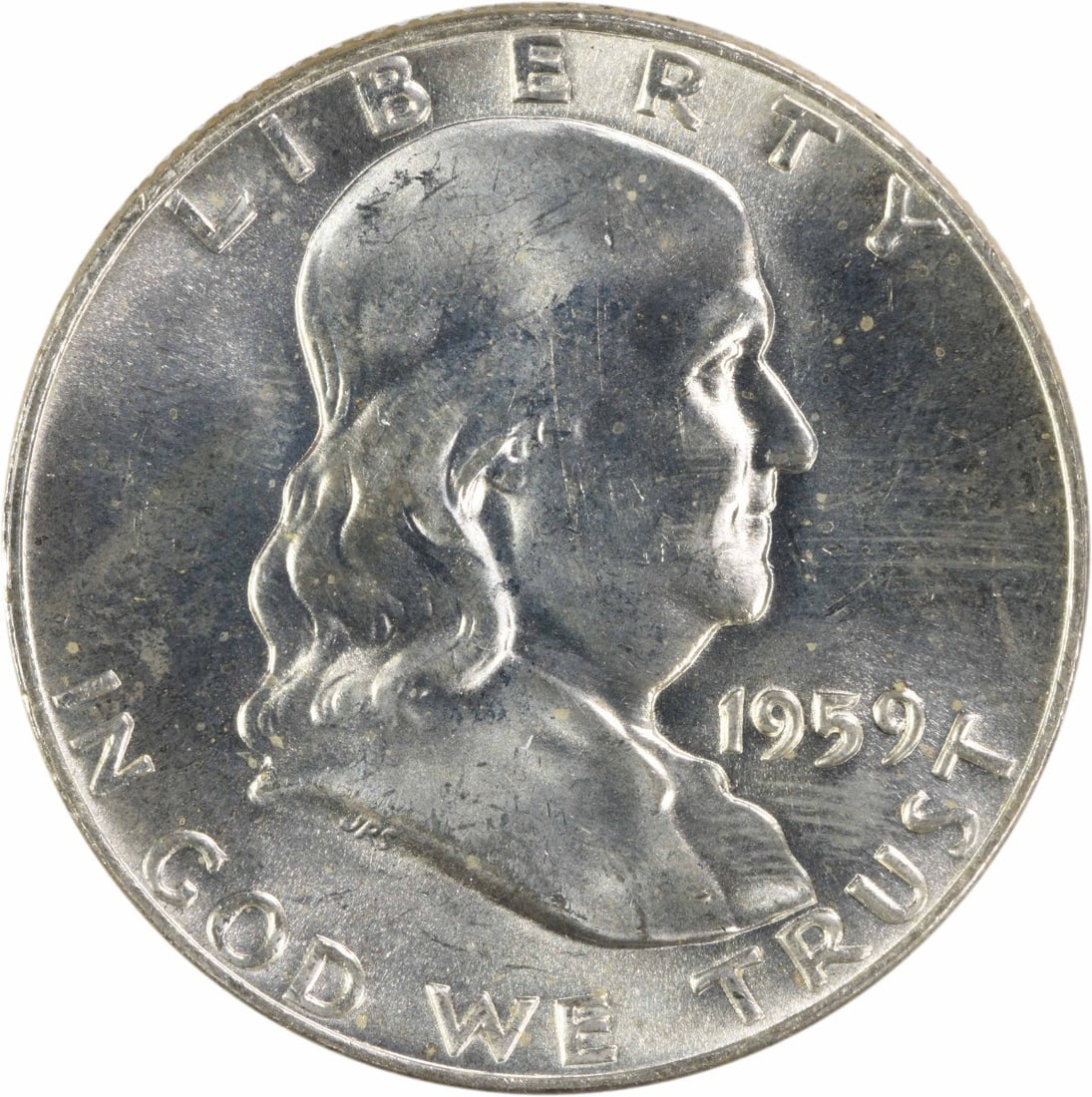 1959-D Silver 50C Franklin Half Dollar Choice BU Plus Uncirculated: 1959-D Silver 50C Franklin Half Dollar Choice BU Plus Uncirculated This 1959-D Franklin Silver Half Dollar is an uncirculated coin graded as Choice BU+. Minted at the Denver Mint, it features a compos