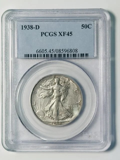 1938 Denver Walking Liberty Half Dollar PCGS XF45 Silver: 1938 Denver Walking Liberty Half Dollar PCGS XF45 Silver This 1938 D Walking Liberty Half Dollar is graded XF-45 by PCGS. Struck in silver at the Denver Mint, this circulated coin from the USA is a pr