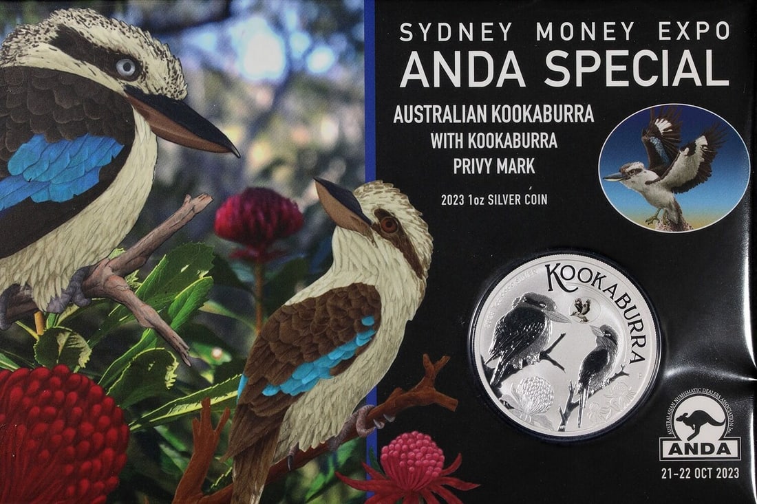 2023 Australia Kookaburra 1 Ounce Silver Dollar Sydney Privy ANDA OGP: 2023 Australia Kookaburra 1 Ounce Silver Dollar Sydney Privy ANDA OGP This is a 2023 Australia 1 Ounce Silver $1 Kookaburra coin featuring a special Sydney ANDA privy mark. The coin is uncirculated, m