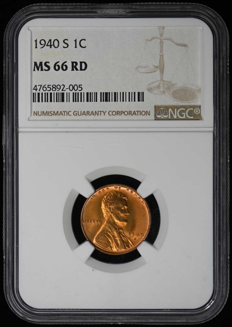 1940-S Lincoln Cent NGC MS66RD Uncirculated San Francisco Mint: 1940-S Lincoln Cent NGC MS66RD Uncirculated San Francisco Mint This 1940-S Wheat Reverse Lincoln Cent is graded MS66RD by NGC, indicating it is in exceptional uncirculated condition. Minted in San Fra