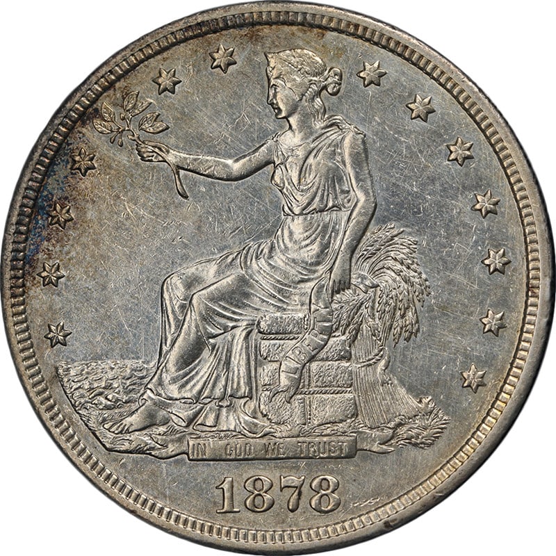 1878 S Silver Trade Dollar Strong Strike Nice Eye Appeal: 1878 S Silver Trade Dollar Strong Strike Nice Eye Appeal This 1878-S Trade Dollar features attractive eye appeal with strong luster and a well-defined strike. The coin displays great color, with a tou