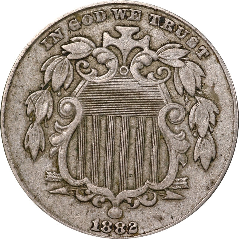 Circulated 1882 United States Nickel Coin Shield Design: Circulated 1882 United States Nickel Coin Shield Design This is an 1882 Shield Nickel from the United States. The coin is composed of nickel and has been circulated. It is uncertified and is in pre-ow