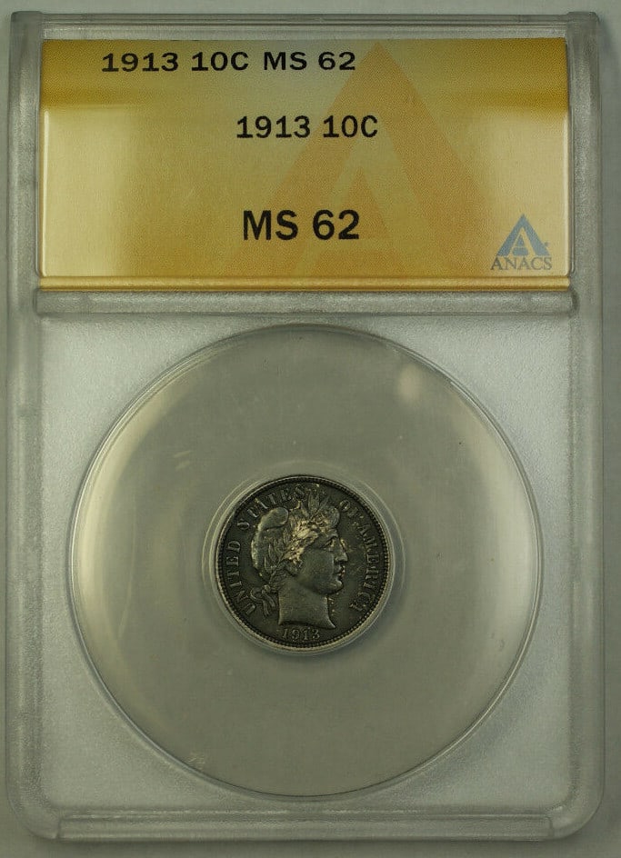 ANACS MS 62 1913 Barber Silver Dime Toned: ANACS MS 62 1913 Barber Silver Dime Toned This is a 1913 Barber Silver Dime with a denomination of 10 cents, graded MS-62 by ANACS. The coin is composed of silver, originates from the United States, a