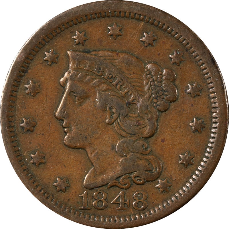 1848 United States Copper Large Cent Circulated Example: 1848 United States Copper Large Cent Circulated Example This 1848 Large Cent from the United States is composed of copper and has been circulated. The coin is uncertified and is in pre-owned condition