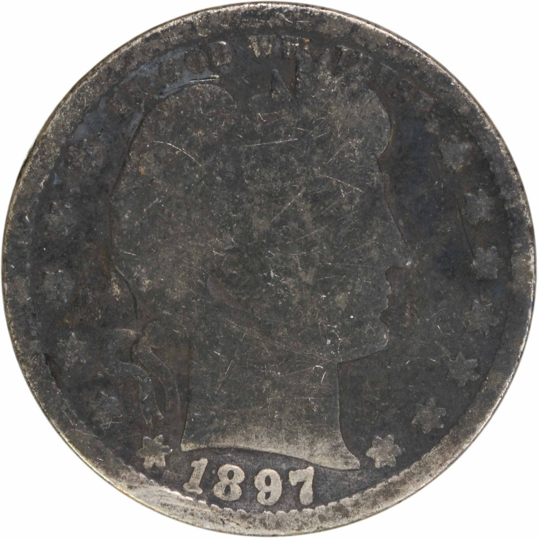 1897-O Barber Quarter 90% Silver G Uncertified Coin: 1897-O Barber Quarter 90% Silver G Uncertified Coin This 1897-O Barber Silver Quarter is a notable piece of American numismatics, minted in New Orleans. As a circulated coin, it exhibits a grade of Go