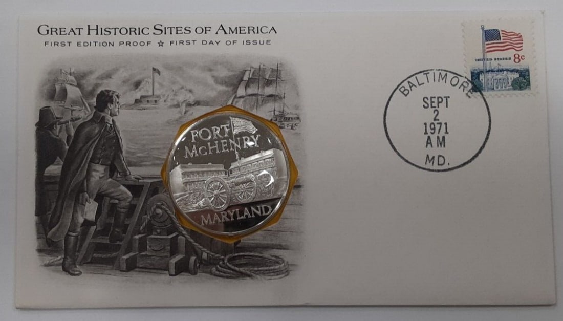 Sterling Silver Proof Fort McHenry Medal 1971 First Day Cover With Stamp (1 of 3)