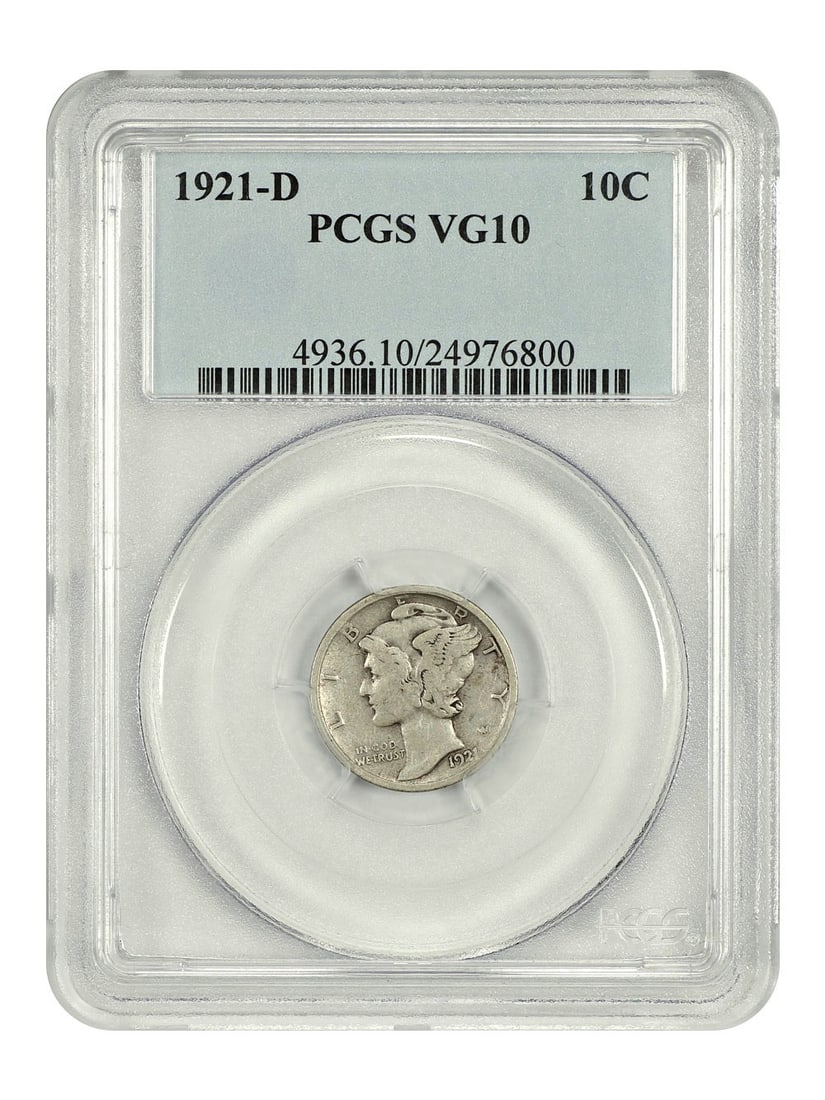 PCGS VG10 1921-D Mercury Dime Denver Mint: PCGS VG10 1921-D Mercury Dime Denver Mint This 1921-D Mercury Dime is a circulated coin from the Denver Mint, graded VG10 by PCGS. It is recognized as a scarce date within the Mercury Dime series. The