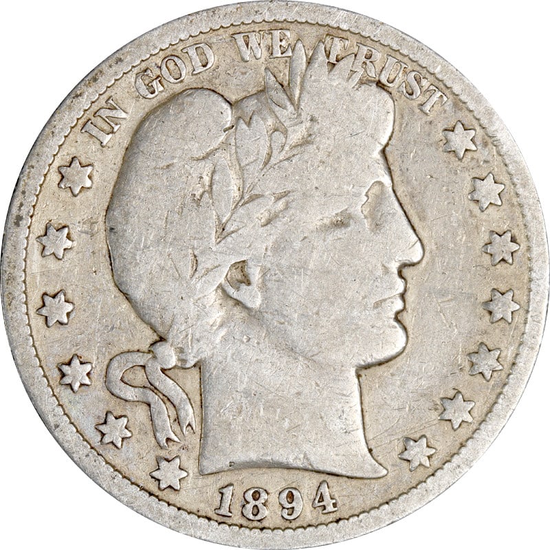1894 San Francisco Mint Silver Barber Half Dollar Coin United States: 1894 San Francisco Mint Silver Barber Half Dollar Coin United States This is a circulated 1894-S Barber Half Dollar from the United States. Made of 90% silver, this pre-owned coin was minted in San Fr