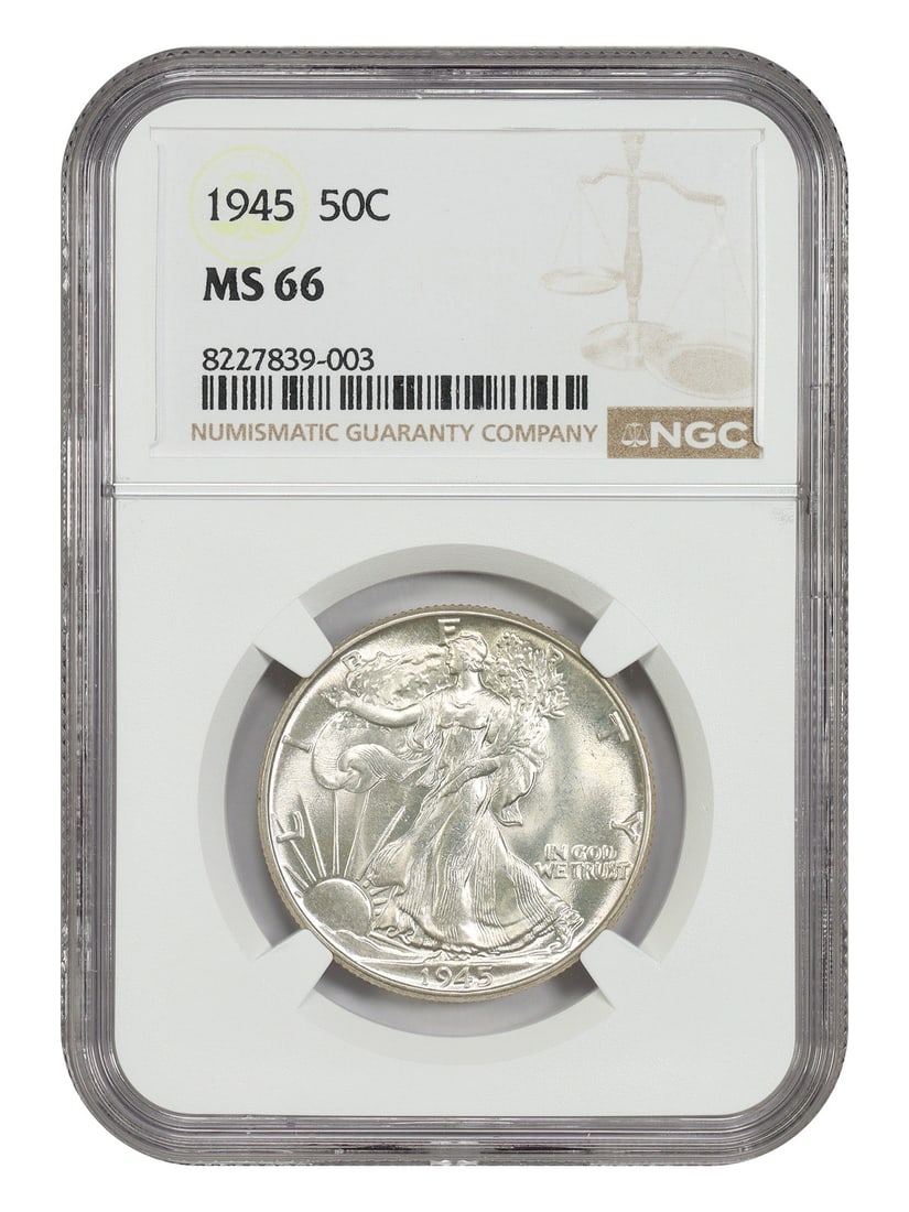 NGC MS66 1945 Philadelphia Walking Liberty 50C Half Dollar: NGC MS66 1945 Philadelphia Walking Liberty 50C Half Dollar This 1945 Walking Liberty Half Dollar is graded MS66 by NGC and is uncirculated. Struck in Philadelphia, this coin is part of the renowned Wa