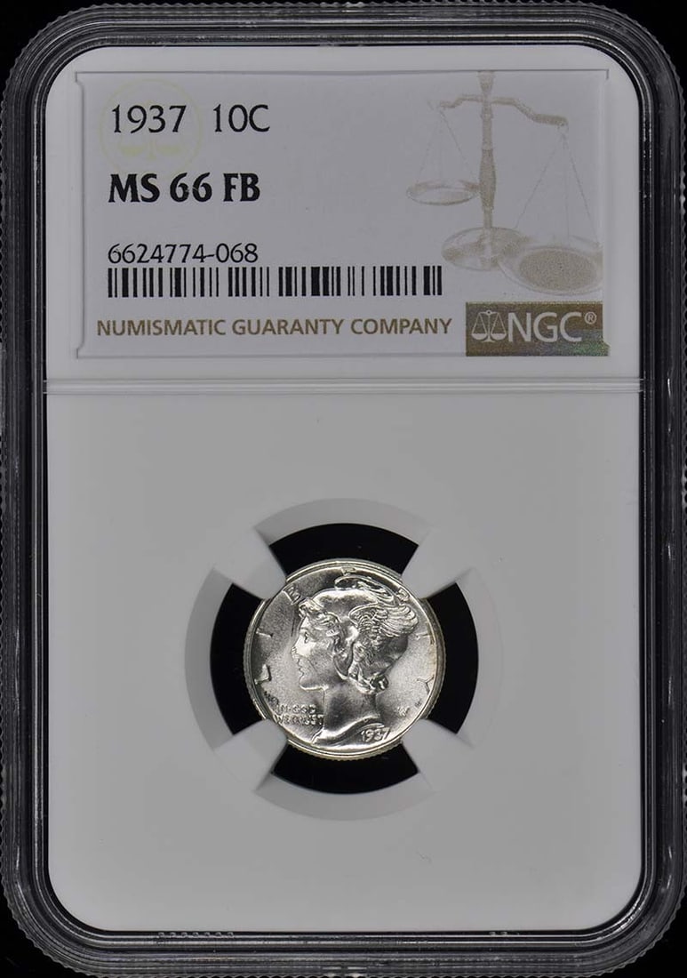 NGC MS66FB 1937 Philadelphia Mercury Dime Uncirculated 10C Coin: NGC MS66FB 1937 Philadelphia Mercury Dime Uncirculated 10C Coin This 1937 Mercury Dime is certified by NGC with a grade of MS66FB, indicating its high quality and full split bands on the reverse. The 