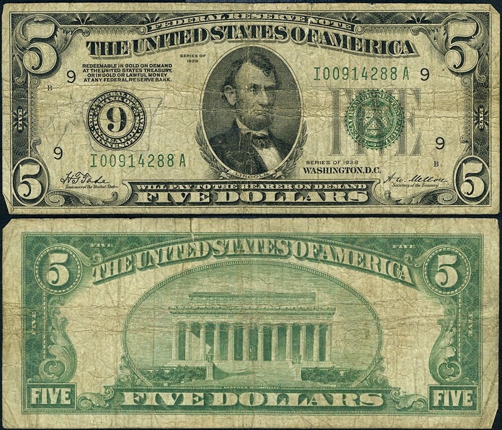 1928 Minneapolis $5 Federal Reserve Note FR 1950 I Fine Split (1 of 3)