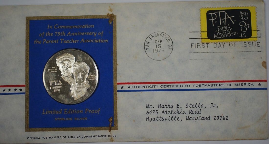Proof Silver PTA 75th Anniversary Medal 1972 First Day Cover (1 of 4)