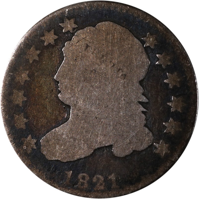 1821 Silver Bust Dime Uncertified Circulated: 1821 Silver Bust Dime Uncertified Circulated This 1821 Bust Dime is a circulated silver coin from the United States. It features the classic design from the early 19th century and is an excellent exam