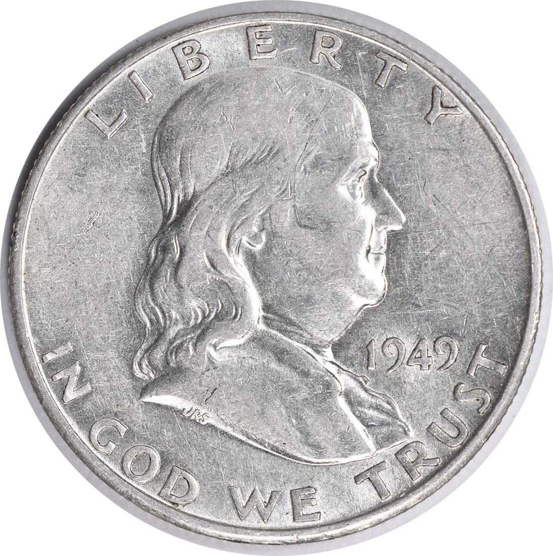 1949-S Franklin Silver Half Dollar RPM1 Choice AU Uncertified: 1949-S Franklin Silver Half Dollar RPM1 Choice AU Uncertified This 1949-S/S Franklin Silver Half Dollar features a stunning design by John R. Sinnock and John Frederick Lewis. The coin, minted in San 