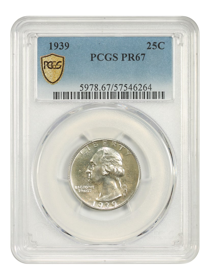 1939 Philadelphia Proof Washington Quarter PCGS PR67 25C: 1939 Philadelphia Proof Washington Quarter PCGS PR67 25C This 1939 Washington Quarter is a desirable proof issue, certified by PCGS with a grade of PR67. Struck at the Philadelphia Mint, only 8,795