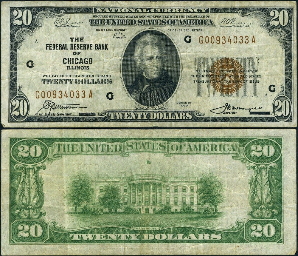 1929 Chicago $20 Federal Reserve Bank Note G-A Block VF+: 1929 Chicago $20 Federal Reserve Bank Note G-A Block VF+ This is a 1929 $20 Federal Reserve Bank Note from Chicago, featuring the G-A Block and Brown Seal issue. The note retains its original paper qu