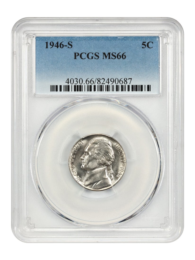 PCGS Graded MS66 1946-S Jefferson Nickel Five Cent Coin: PCGS Graded MS66 1946-S Jefferson Nickel Five Cent Coin This is a 1946-S Jefferson Nickel, graded MS66 by PCGS. The coin is uncirculated and was minted in San Francisco in 1946. It features the classi