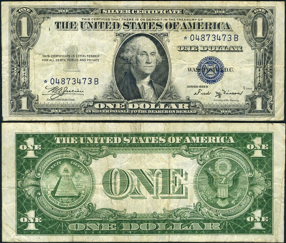 1935-B $1 Silver Certificate FR 1611 Star Note VF: 1935-B $1 Silver Certificate FR 1611 Star Note VF This is a 1935-B $1 Silver Certificate from the United States, featuring the FR. 1611 designation and a STAR note from the B Block. The note is in Ver