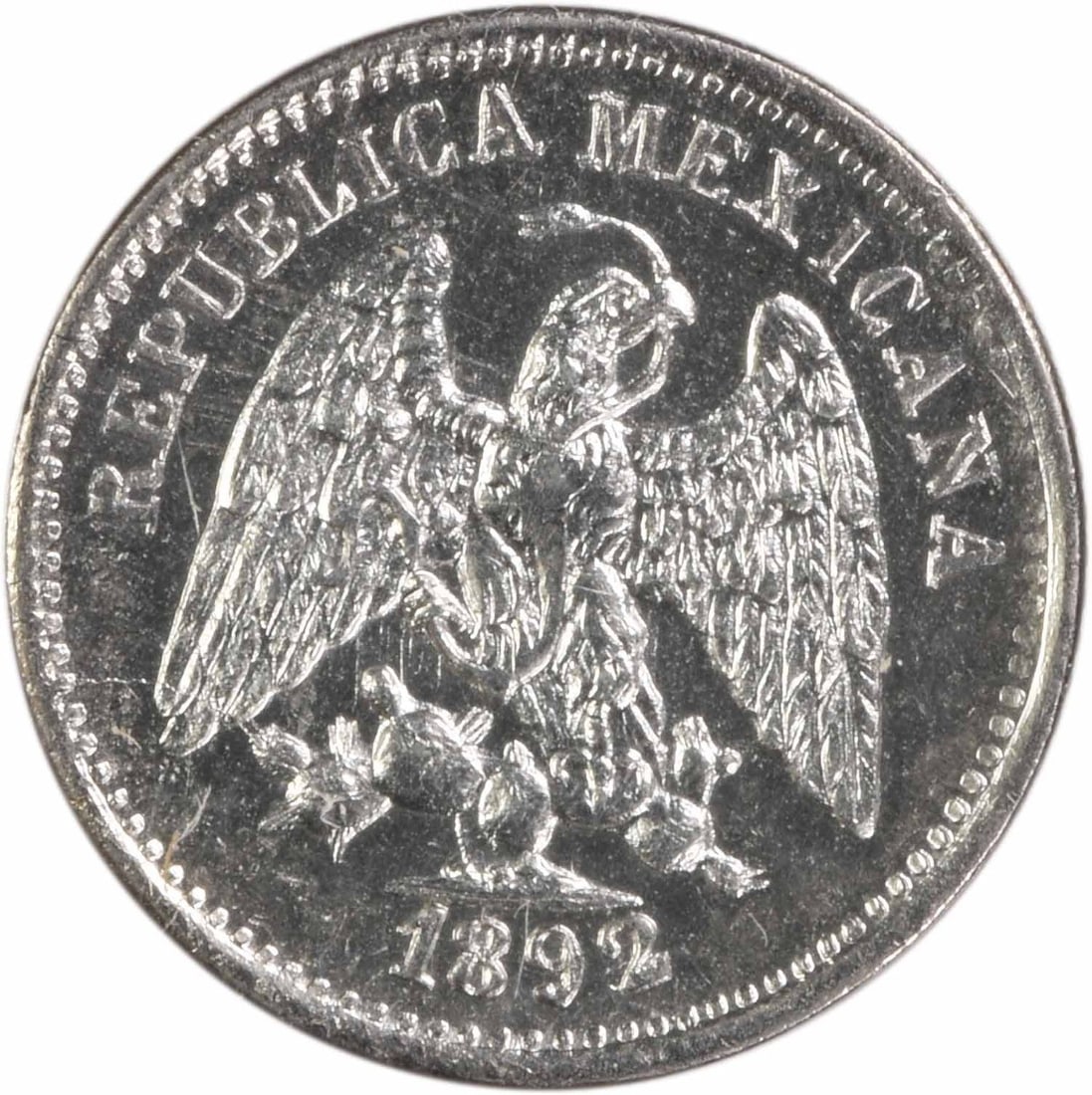1892 Mexico MoM 5 Centavos KM398.7 BU Coin: 1892 Mexico MoM 5 Centavos KM398.7 BU Coin This 1892 MoM Mexico 5 Centavos coin is an uncirculated example with a Brilliant Uncirculated (BU) grade. It is an uncertified piece, identified by KM number