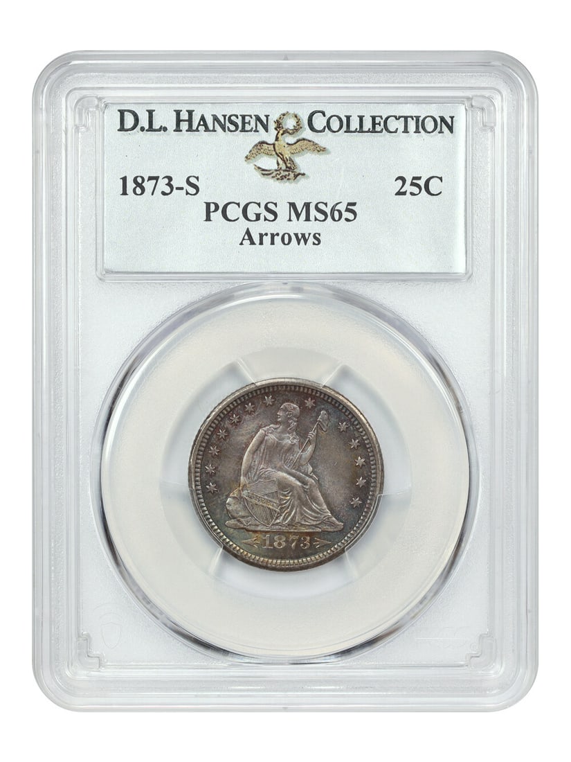 1873-S Liberty Seated Quarter 25C PCGS MS65 Unique Toning D.L. Hansen: 1873-S Liberty Seated Quarter 25C PCGS MS65 Unique Toning D.L. Hansen This stunning 1873-S Liberty Seated Quarter is certified by PCGS with a grade of MS65, showcasing its uncirculated condition. Stru