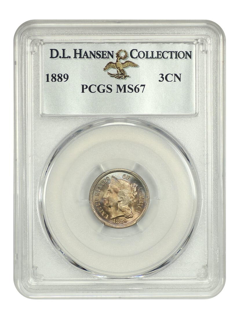 1889 3CN Three Cent Nickel PCGS MS67 Low Mintage Gem: 1889 3CN Three Cent Nickel PCGS MS67 Low Mintage Gem This 1889 Three Cent Nickel (3CN) is a remarkable example of numismatic excellence, certified by PCGS with a grade of MS67. Struck in Philadelphia,