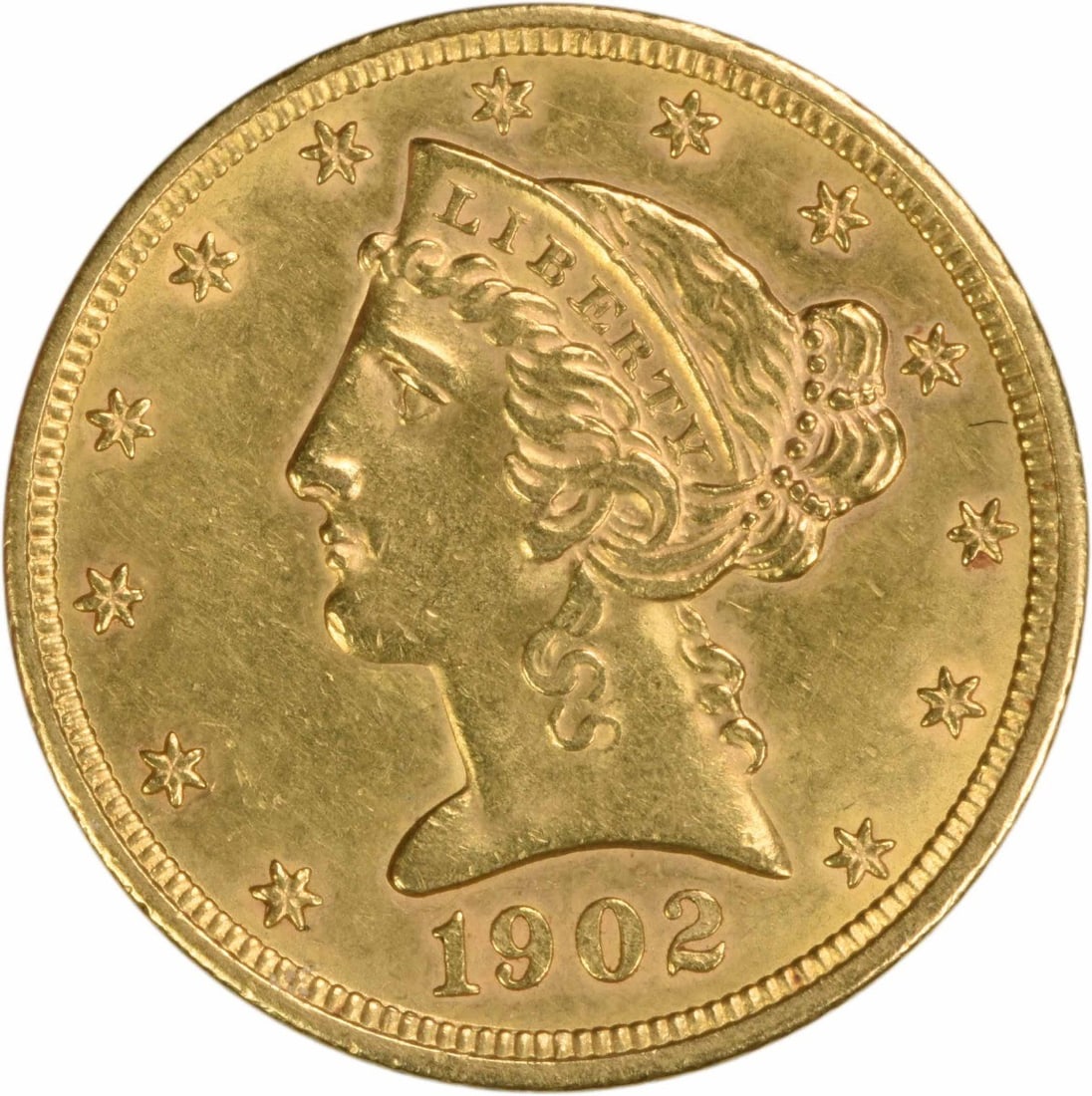 1902 Liberty Head $5 Gold Coin AU Grade Philadelphia Uncertified: 1902 Liberty Head $5 Gold Coin AU Grade Philadelphia Uncertified This is a 1902 $5 Liberty Head gold coin from the United States, designed by Christian Gobrecht and minted in Philadelphia. The coin is