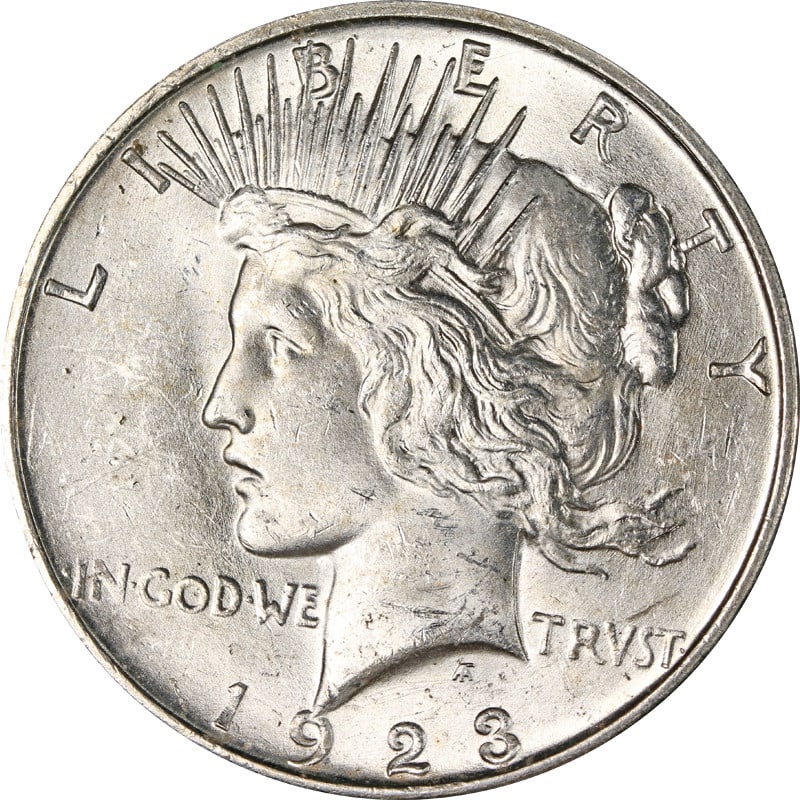 1923 Denver Peace Silver Dollar: 1923 Denver Peace Silver Dollar This 1923-D Peace Dollar is a circulated silver coin from the United States. Minted in 1923 at the Denver Mint, it features a silver composition with a fineness of 0.9.