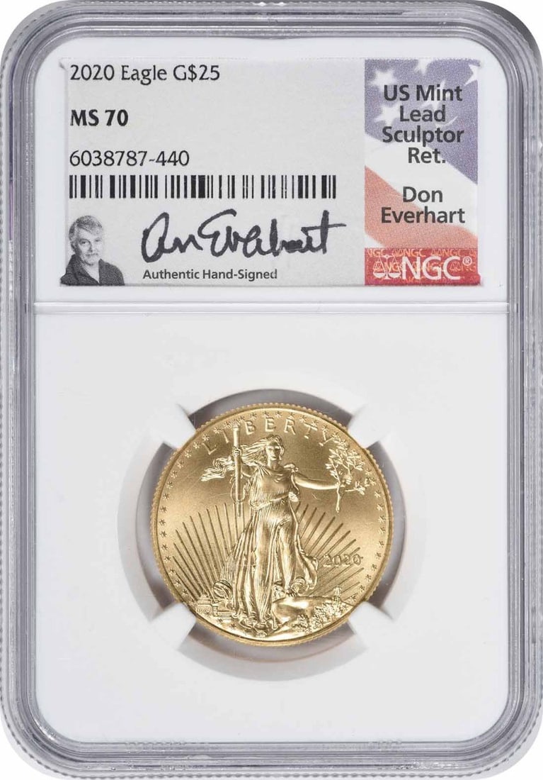 NGC MS70 2020 American Gold Eagle $25 U.S. Mint: NGC MS70 2020 American Gold Eagle $25 U.S. Mint This 2020 $25 American Gold Eagle coin is composed of 0.999 fine gold and was produced by the U.S. Mint. Graded MS70 by NGC, it is in pre-owned conditio