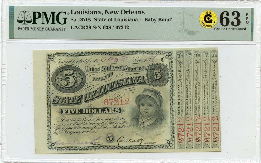 1878 $5 PMG MS63 New Orleans Obsolete Baby Bond Note: 1878 $5 PMG MS63 New Orleans Obsolete Baby Bond Note This is an uncirculated $5 Louisiana New Orleans Baby Bond from the 1870s, certified by PMG with a grade of MS63. As an obsolete note, it offers a 