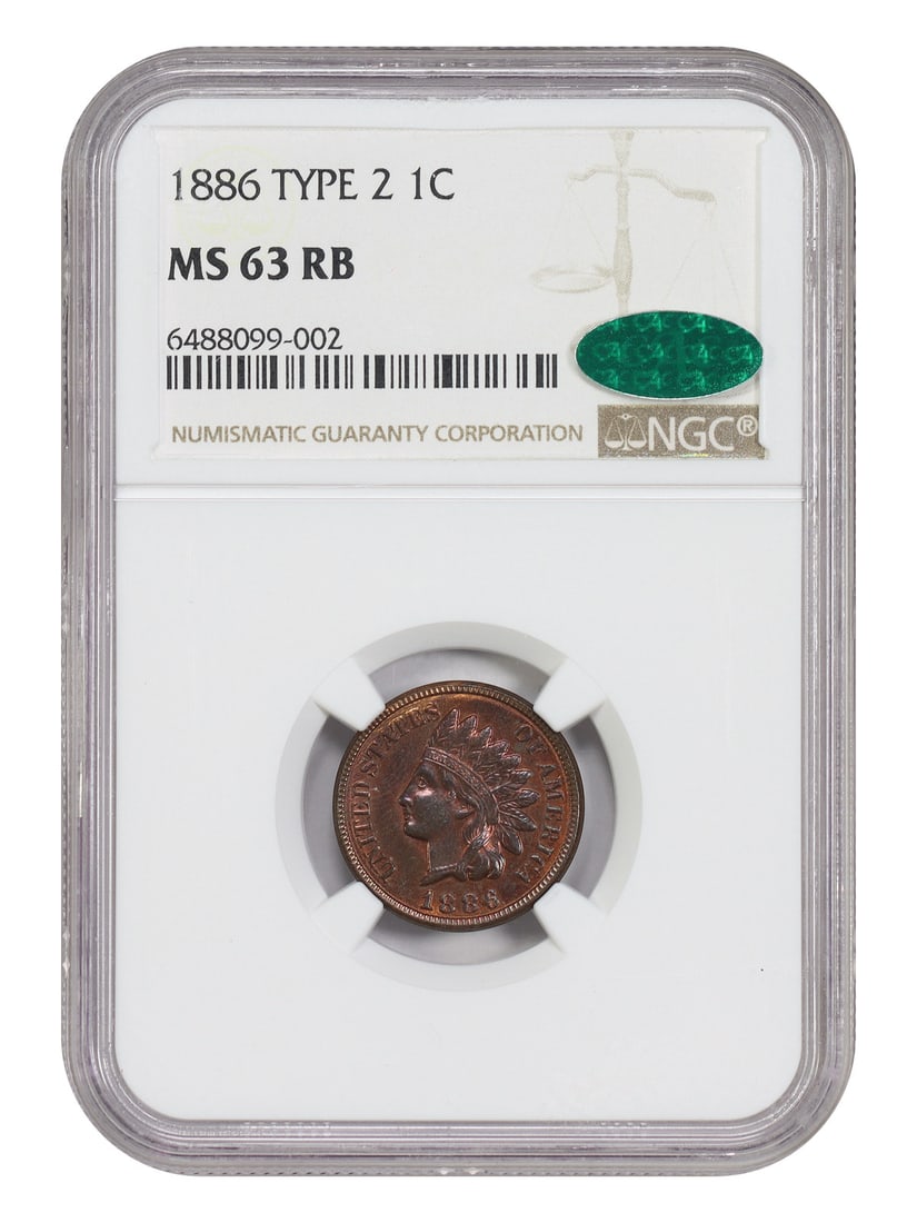 1886 Indian Cent Type 2 NGC CAC MS63RB: 1886 Indian Cent Type 2 NGC CAC MS63RB This 1886 Indian Cent is a Type 2 variety, featuring the distinctive bottom feather of the headdress pointing between the letters CA of AMERICA. This variety is 