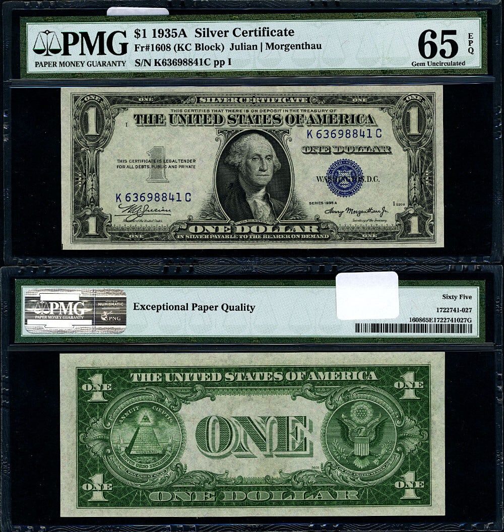 1935-A $1 Silver Certificate K-C Block PMG Gem CU65 EPQ: 1935-A $1 Silver Certificate K-C Block PMG Gem CU65 EPQ This 1935-A $1 Silver Certificate (FR. 1608) features the K-C Block and has been graded by PMG as Gem CU65 EPQ. The note is in uncirculated cond
