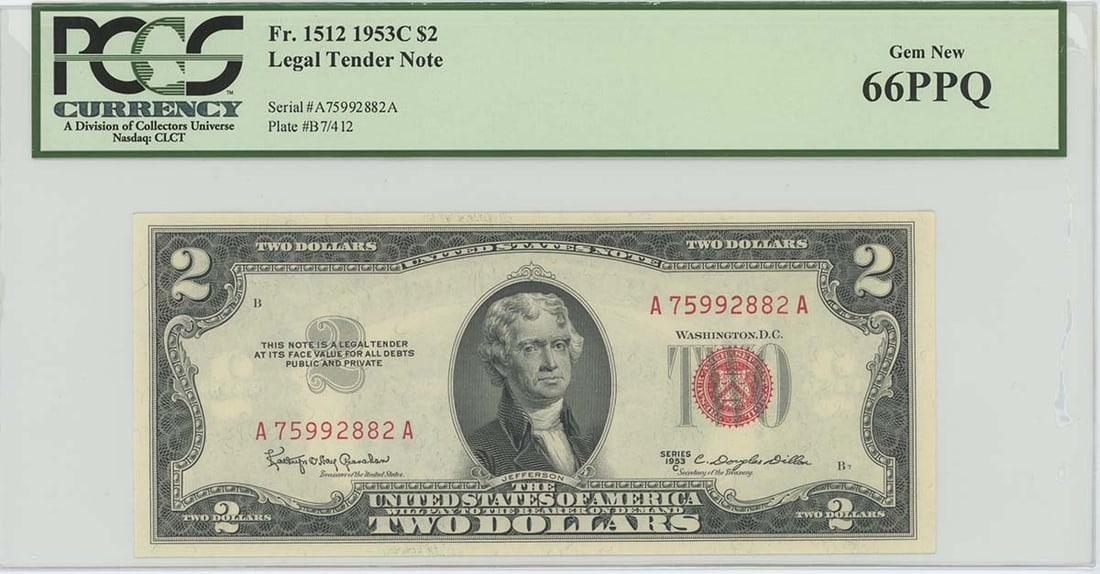 1953C $2 Legal Tender Note FR#1512 PCGS 66 Gem: 1953C $2 Legal Tender Note FR#1512 PCGS 66 Gem This 1953C $2 Legal Tender Note, designated FR#1512, is certified by PCGS Currency with a grade of MS66. This uncirculated note showcases exceptional qua