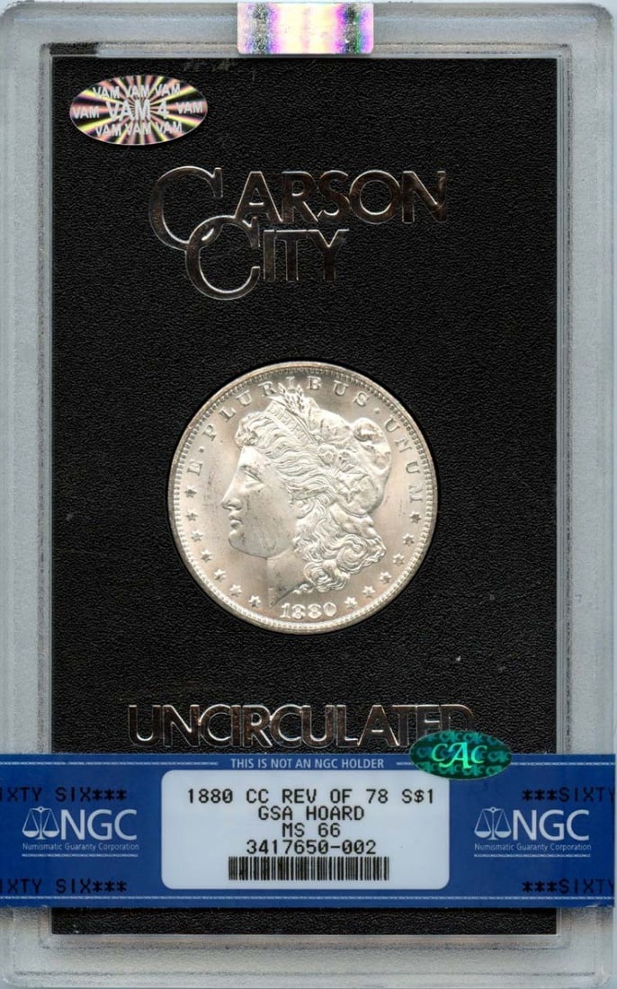 NGC MS66 CAC 1880 Carson City Morgan Silver Dollar VAM 4 GSA Hoard: NGC MS66 CAC 1880 Carson City Morgan Silver Dollar VAM 4 GSA Hoard This is an 1880-CC Morgan Dollar from the GSA Hoard, featuring the Reverse of 1878 (VAM 4 variety). Certified by NGC with a grade of 