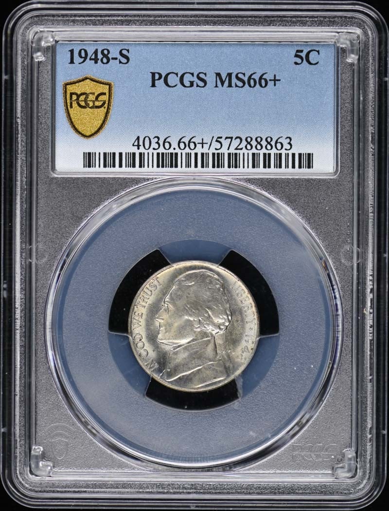 1948-S Jefferson Nickel PCGS MS66+ Uncirculated Coin: 1948-S Jefferson Nickel PCGS MS66+ Uncirculated Coin This stunning 1948-S Jefferson Nickel has been certified by PCGS, boasting an impressive grade of MS66+. As an uncirculated coin from the San Franc