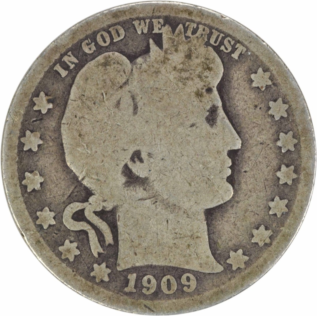 1909-O Barber Silver Quarter 25C Uncertified 90% Silver: 1909-O Barber Silver Quarter 25C Uncertified 90% Silver This 1909-O Barber Silver Quarter is a notable piece of numismatic history, featuring the iconic Barber design by Charles E. Barber. Struck in N