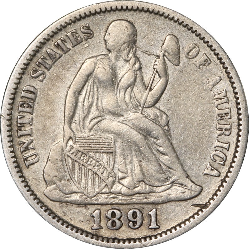1891-O Seated Liberty Dime Silver Coin Circulated: 1891-O Seated Liberty Dime Silver Coin Circulated This 1891-O Seated Liberty Dime showcases a classic design, embodying the artistry of late 19th-century coinage. It is composed of 90% silver, reflect