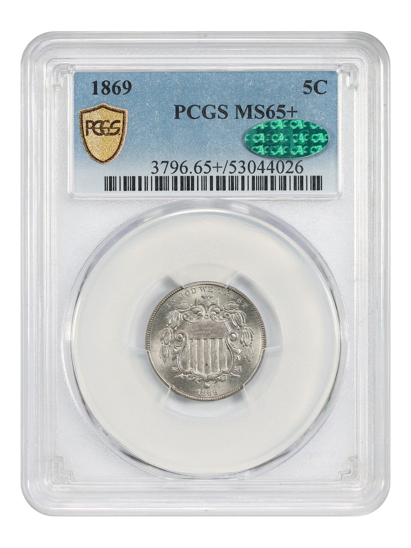 PCGS CAC 1869 Shield Nickel MS65+: PCGS CAC 1869 Shield Nickel MS65+ This 1869 Shield Nickel is graded MS65+ by PCGS and features the added distinction of CAC approval, highlighting its quality. The coin is uncirculated and was minted 