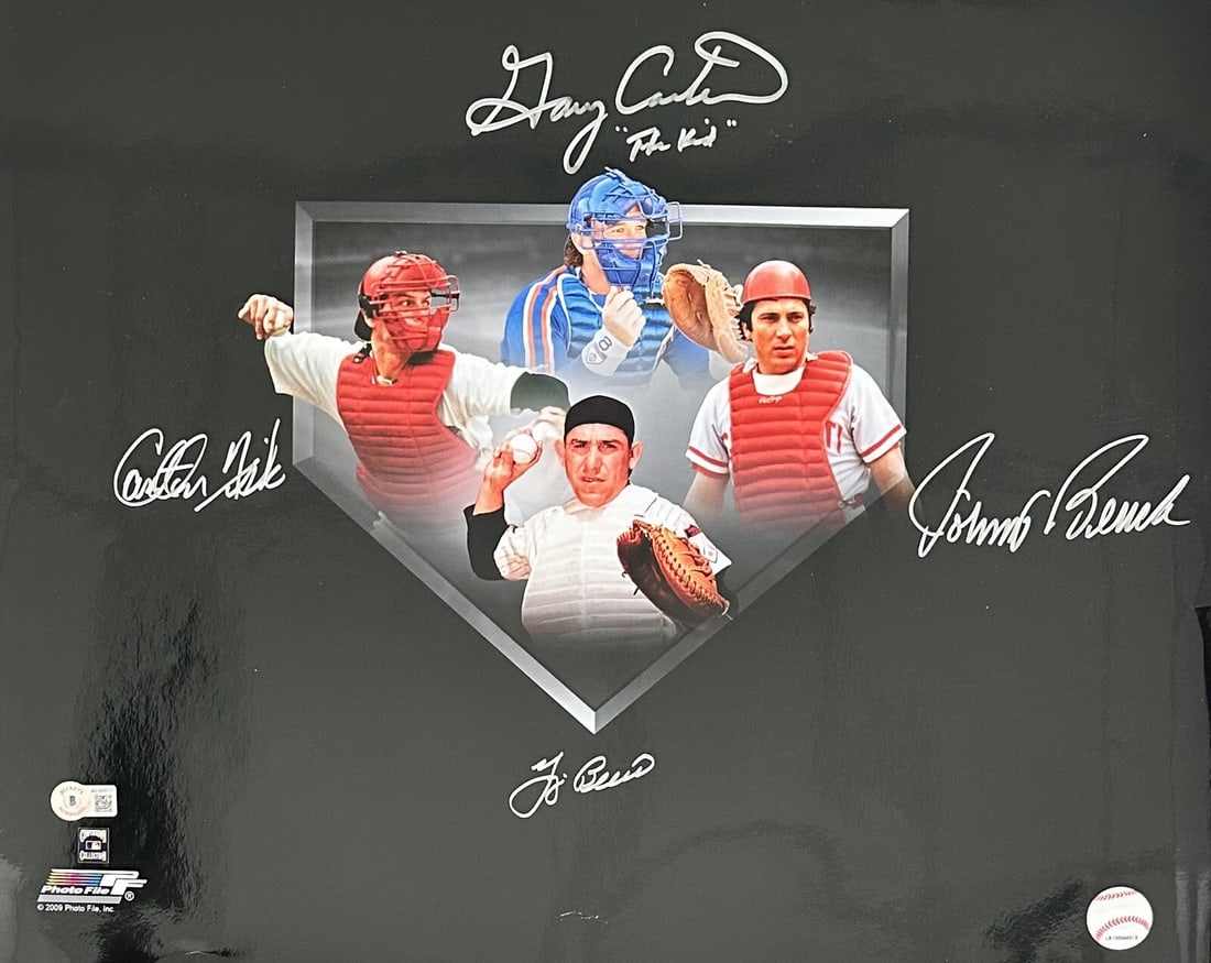 Yogi Berra Johnny Bench Carlton Fisk Gary Carter Signed 16x20 Photo Beckett LOA: Yogi Berra Johnny Bench Carlton Fisk Gary Carter Signed 16x20 Photo Beckett LOA This stunning autographed 16x20 photograph captures four legendary catchers from Major League Baseball: Yogi Berra, Gary