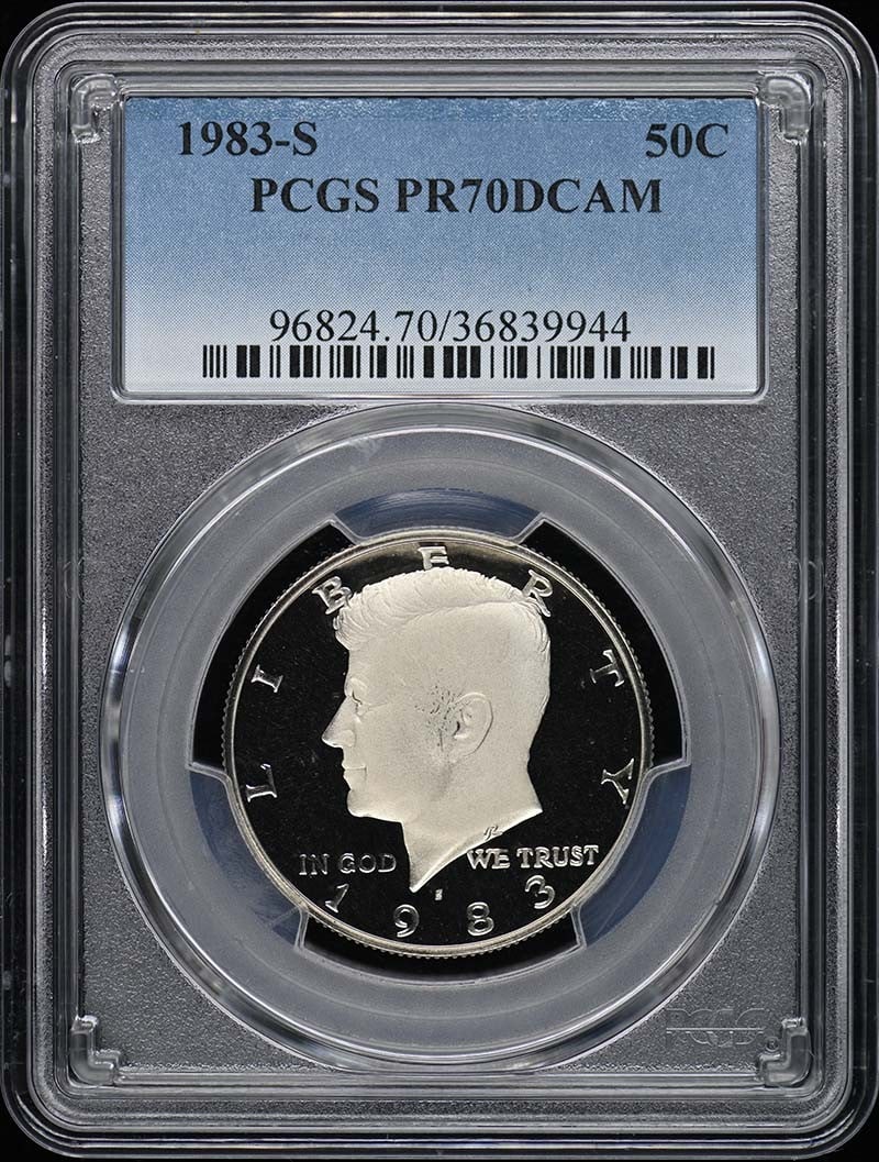 1983-S Kennedy Half Dollar PCGS PR70DCAM Uncirculated Coin: 1983-S Kennedy Half Dollar PCGS PR70DCAM Uncirculated Coin This 1983-S Kennedy Half Dollar features a stunning proof finish and has been graded PR70 by PCGS, indicating its exceptional quality. Struck