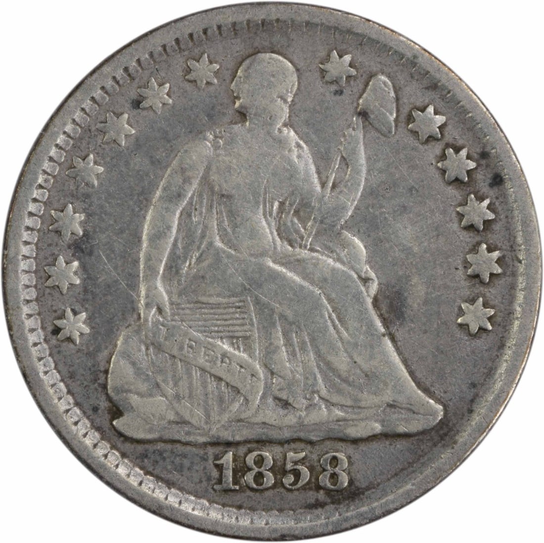 1858 Liberty Seated Half Dime 90% Silver Uncertified: 1858 Liberty Seated Half Dime 90% Silver Uncertified This 1858 Liberty Seated Silver Half Dime is a circulated coin featuring the iconic seated Liberty design. Struck in Philadelphia, this coin is com